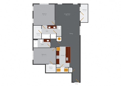 Floor plan for 2 beds, 2 baths, 1033 sqft